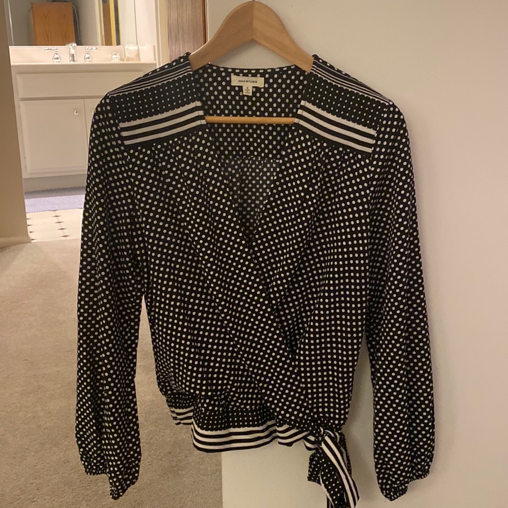 Max Studio Black and white polka dot wrap top.